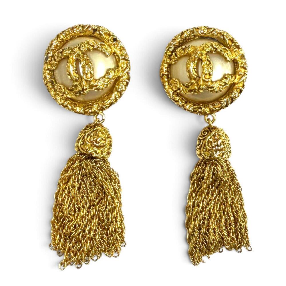 CHANEL Vintage 93A Coco Mark Lava Pearl Earrings, Gold, Made in Italy, Women'...
